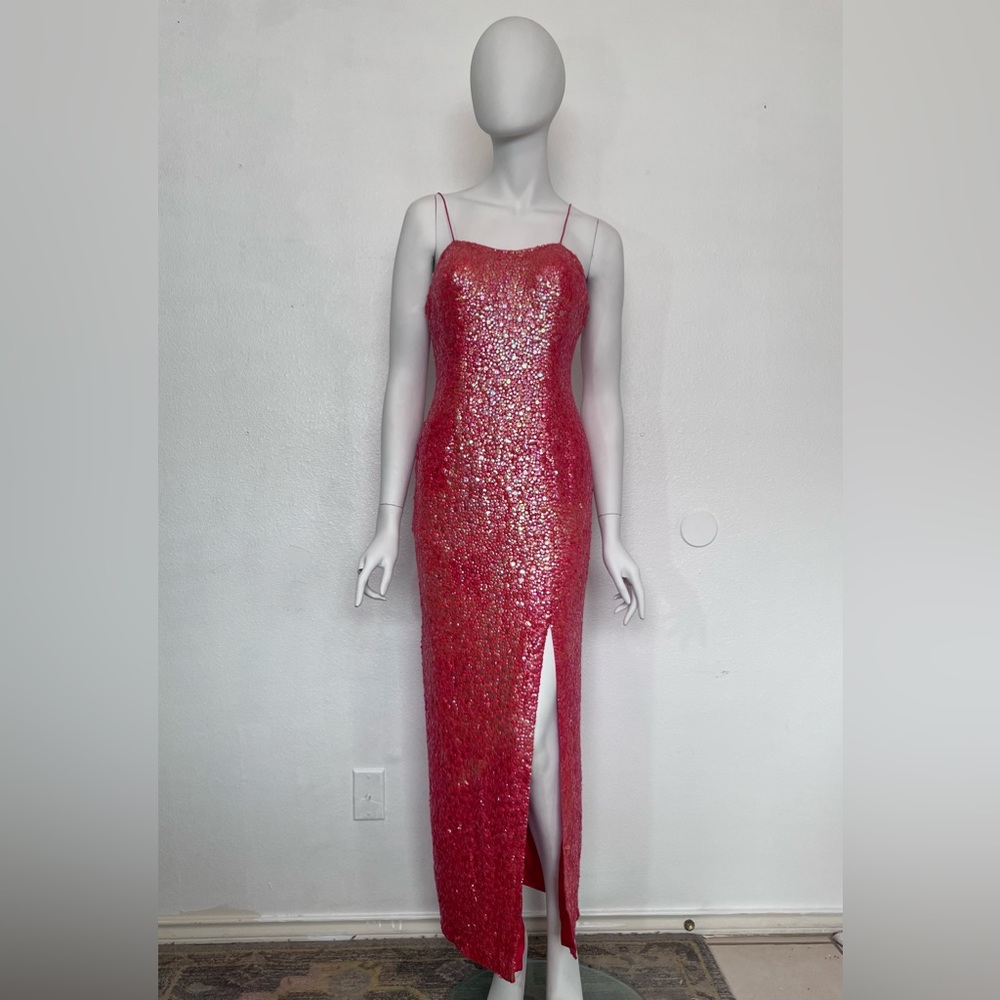 Hot Pink Sequin Spaghetti-Strap Maxi Dress with Side Slit -Size 6